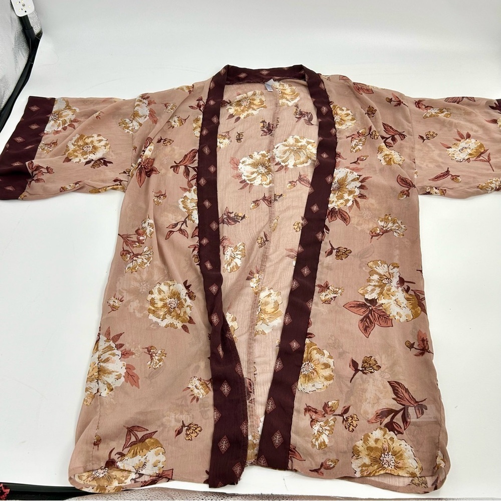Xhilaration Y2K Sheer‎ Whimsigoth Floral Burgundy Neutral Midi Romantic Kimono S - Picture 2 of 8
